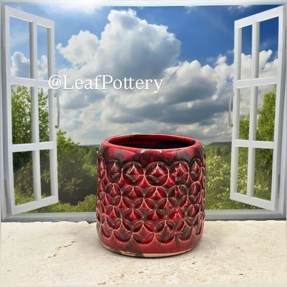 Textured (SM)  Red/Black Ceramic Planter without drainage hole - Picture 4 of 9